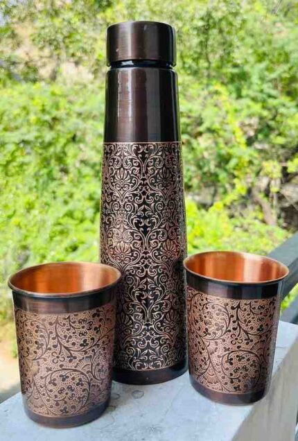 Antique Finish Copper Water Bottle with 2 Copper Glasses – Engraved Design Set