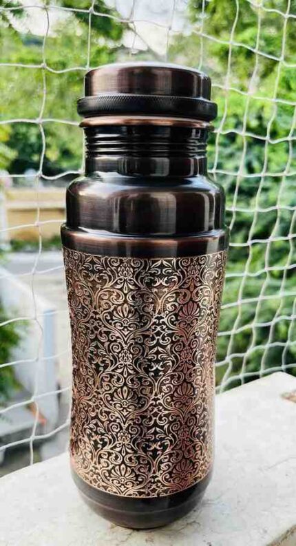 Pure Copper Water Bottle 1.3L – Antique Etched Finish Ayurvedic Drinking Bottle, Leak-Proof Reusable Metal Bottle