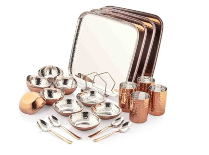 Stainless Steel Copper Dinner Set for 4 – 24 Piece Square Family Dinnerware Set with Plates, Bowls, Spoons & Tumblers